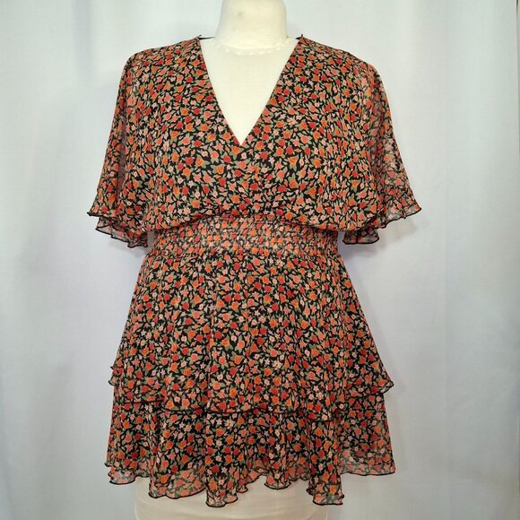 Sheer Boho Fairy Chiffon Ruffle Wrap Mini Dress w Elastic Smocked Waist XL Lined - Picture 1 of 16